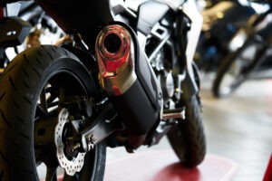 A motorcycle’s exhaust pipes.