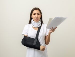 An injured woman with medical bills. A personal injury lawyer in Martinsville, Indiana, can help you seek damages.