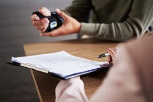 A lawyer getting information about a case from a prospective client. This is part of what to expect in a first meeting with a construction accident lawyer.