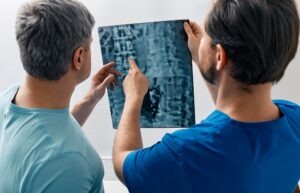 Doctors looking at a spinal x-ray. Find out how to build a legal claim with a spinal cord injury lawyer in Pendleton, Indiana.