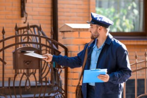 A mailman sticks mail into a mailbox.