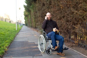 man in the wheelchair on the phone with a La Porte, Indiana, catastrophic injury attorney.