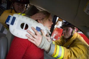 A car accident victim in Mishawaka getting a neck brace after an accident