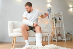 A man with an injured leg. A Fort Wayne motorcycle accident lawyer can protect your rights and fight to recover maximum compensation