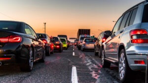 Traffic jam caused by a car accident on a dangerous stretch in I-69 near Fort Wayne, Indiana.