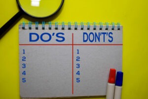 A dry-erase board shows a dos and don’ts chart. This is a concept image for the topic: What are the dos and don’ts in a truck accident case?