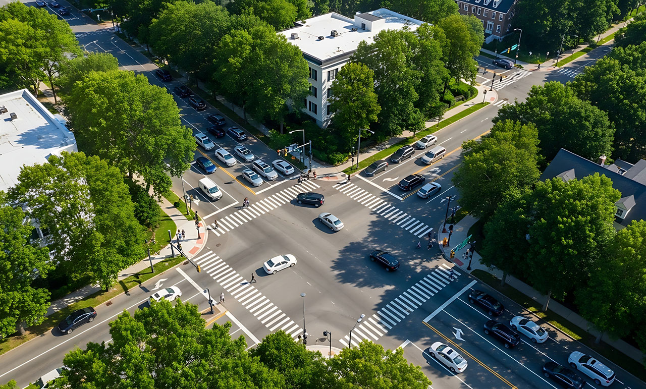 Concept image representing the traffic patterns and right-of-way conflicts that often lead to intersection collisions.