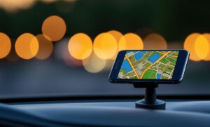 Rideshare driver&rsquo;s phone displaying GPS navigation inside a car at night