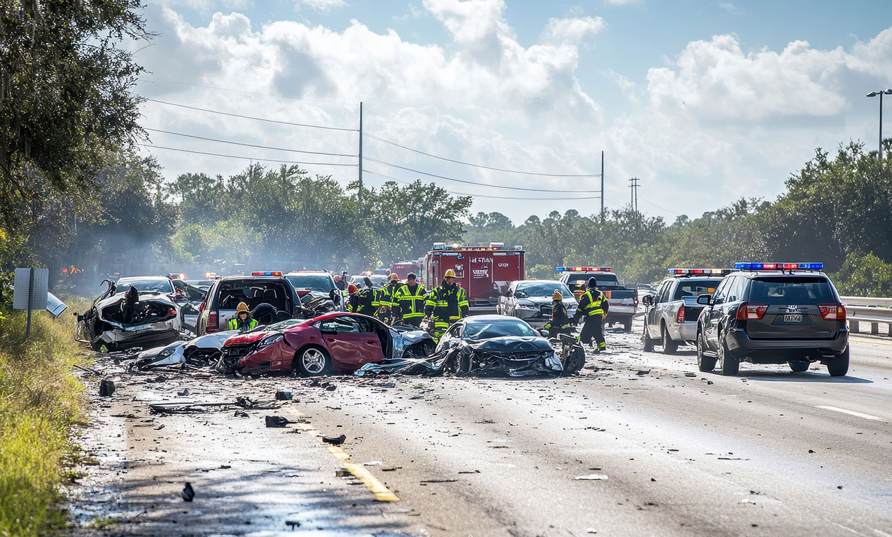 Concept image representing a multi-vehicle collision where fault and insurance responsibility may be disputed across multiple drivers.
